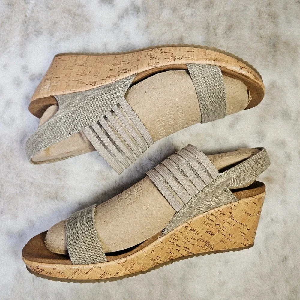 Skechers Womens Taupe Beverly High Tea Wedge‎ Sandals Heels 9 Boho Cottagecore